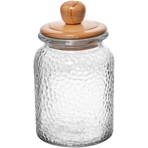 POTE DE VIDRO MARTELADO COM TAMPA DE BAMBU 1L